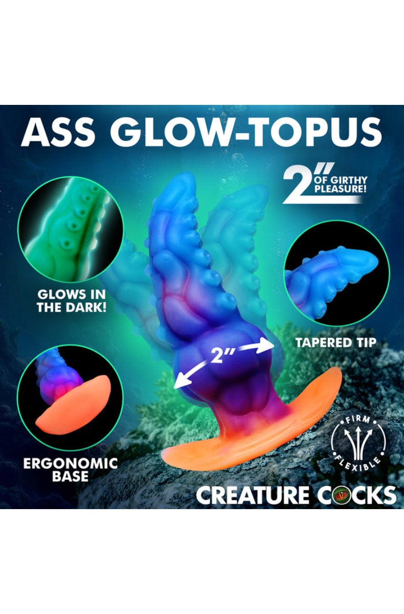 Marketing layout highlighting glow-in-the-dark feature, tapered tip, and ergonomic base details