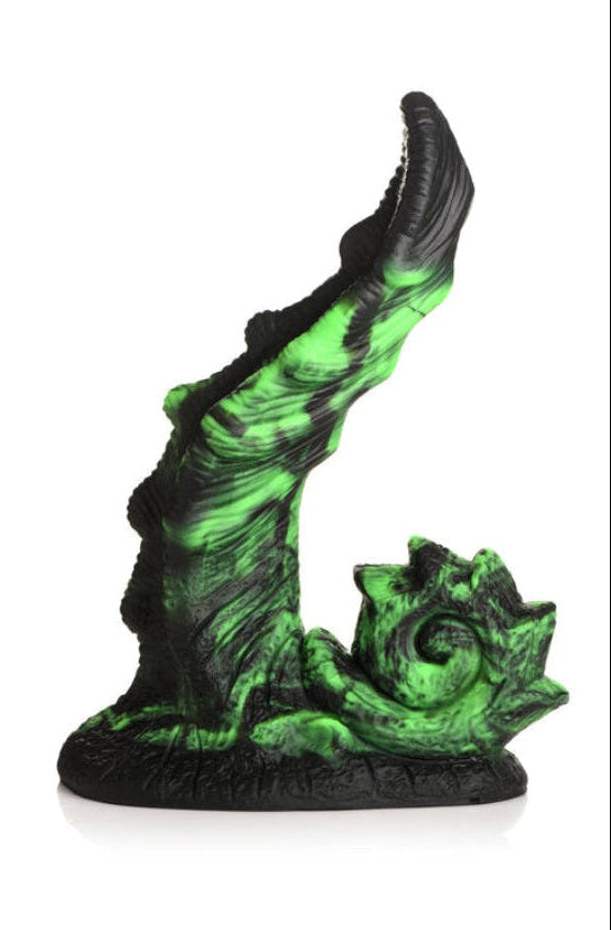 Front view of curved black and green silicone dildo with ribbed shaft and coiled tentacle base