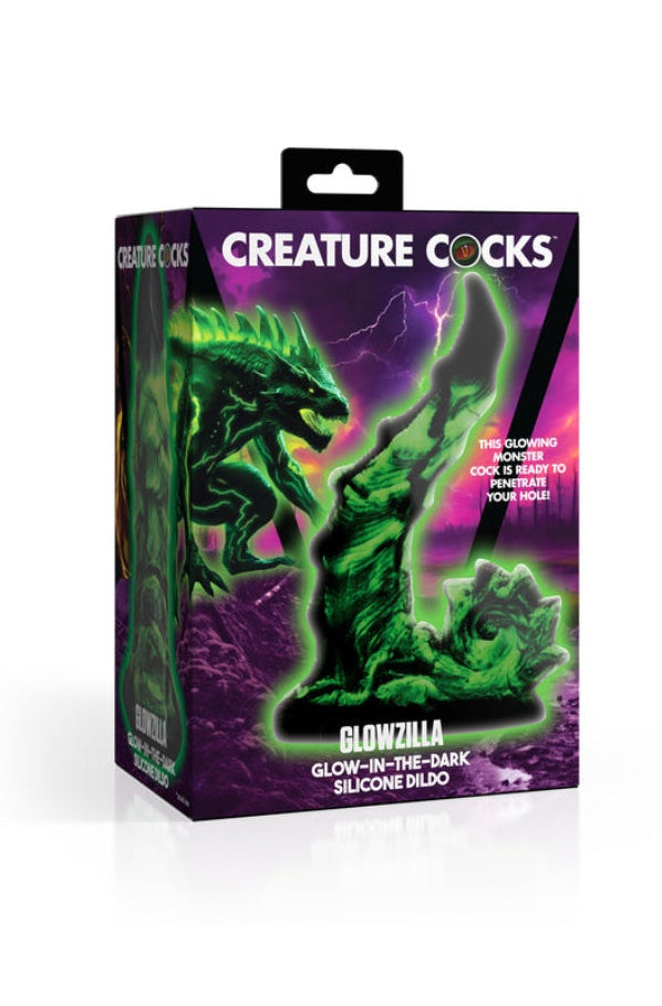 Product packaging box showing Glowzilla dildo with purple lightning background and measurement callouts