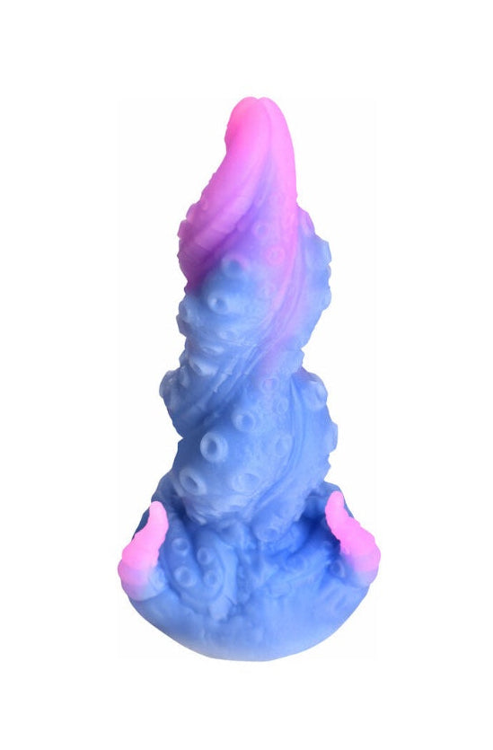 Front view of blue-to-pink gradient tentacle dildo with textured suckers and tapered tip
