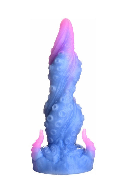Side angle view of tentacle dildo showing curved shape and gradient coloring from blue base to pink tip