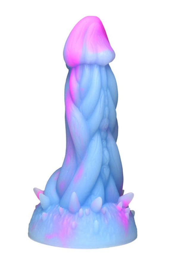 Front view of blue and pink silicone jellyfish dildo with mushroom head and textured spiral shaft on suction cup base