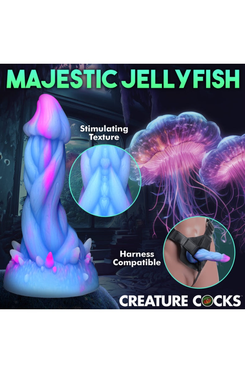 Jellyfish dildo with texture close-up and harness compatibility demonstration over underwater scene