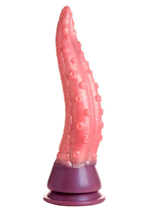 Front view of pink silicone tentacle dildo with raised suckers and ridges, purple suction cup base