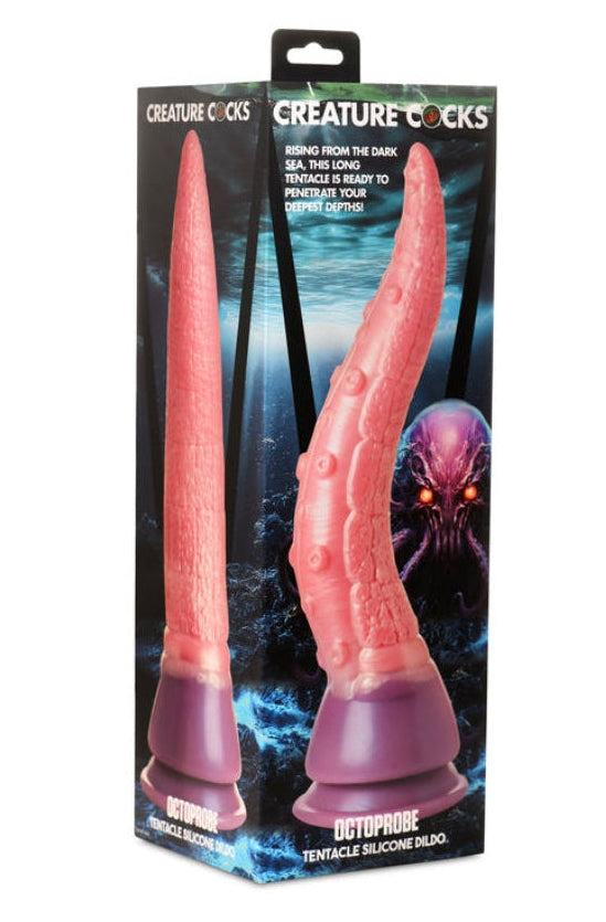 Back view of pink tentacle dildo showing smooth side with ridged texture and purple base