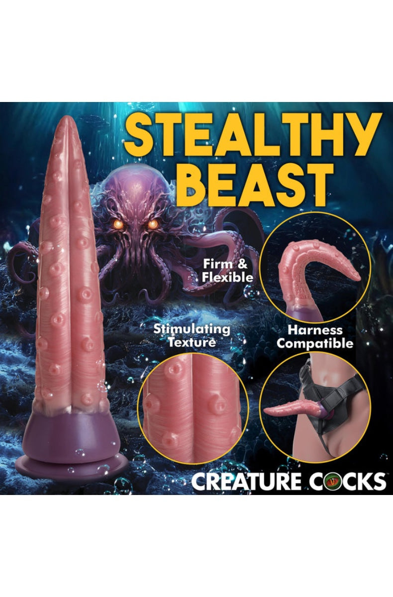 Marketing image showing pink tentacle dildo with underwater creature theme and feature callouts