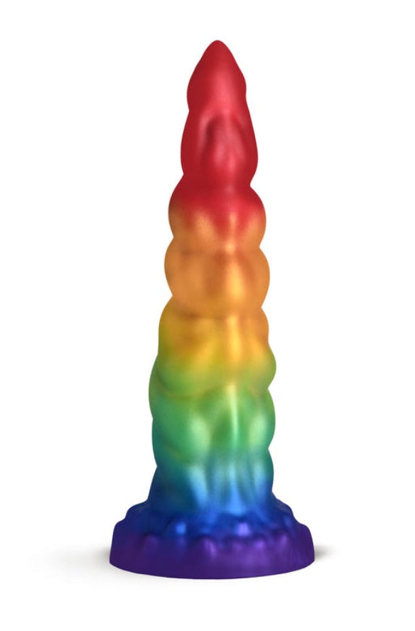 Front view of rainbow gradient unicorn horn dildo with tapered red tip, ribbed shaft transitioning from orange to purple, and textured purple base