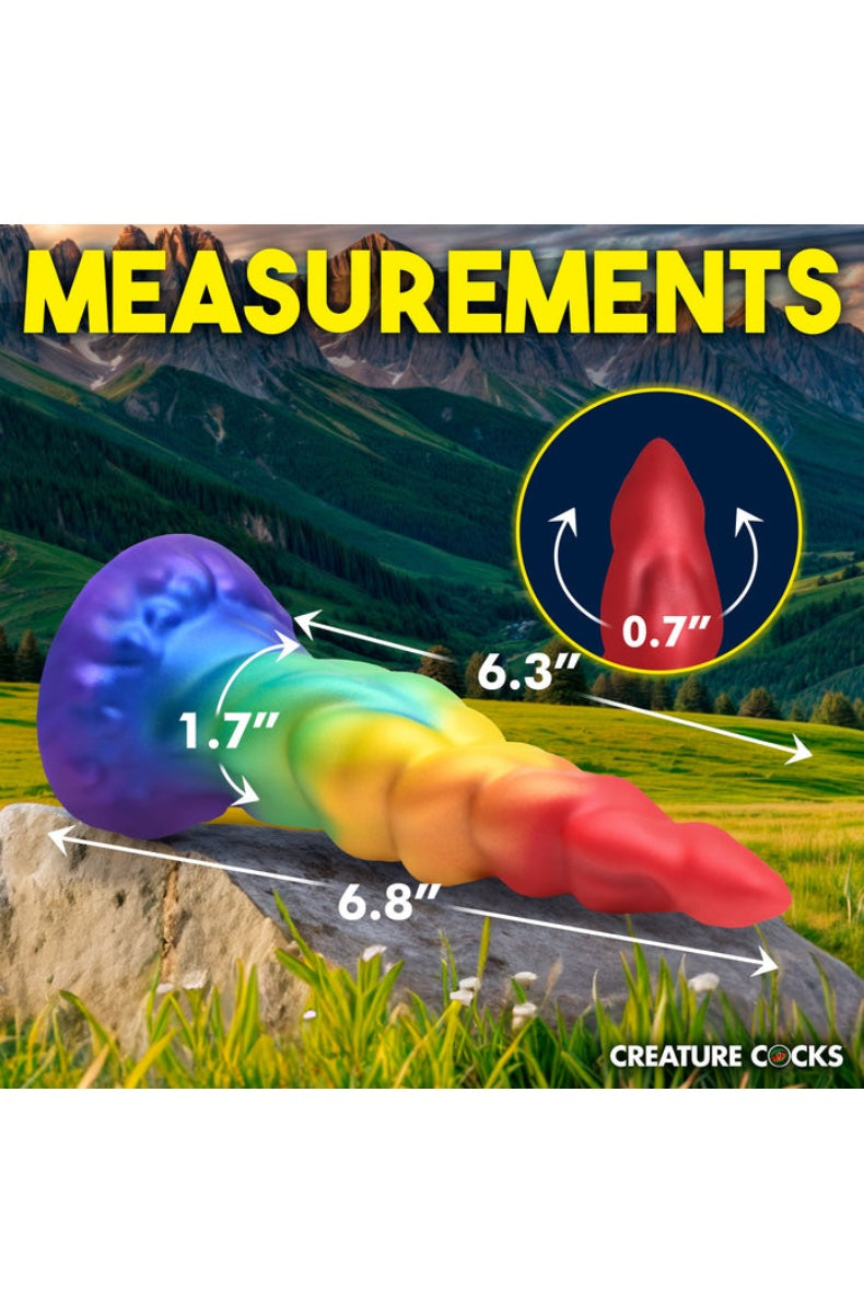 Measurement diagram of rainbow dildo showing 6.8 inch total length, 6.3 inch insertable length, 0.7 inch tip diameter, and 1.7 inch base width