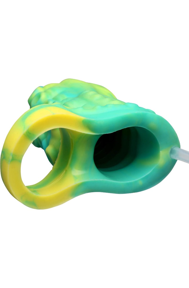 Front view of green and yellow marbled silicone cock ring with textured tentacle surface and hollow shaft opening