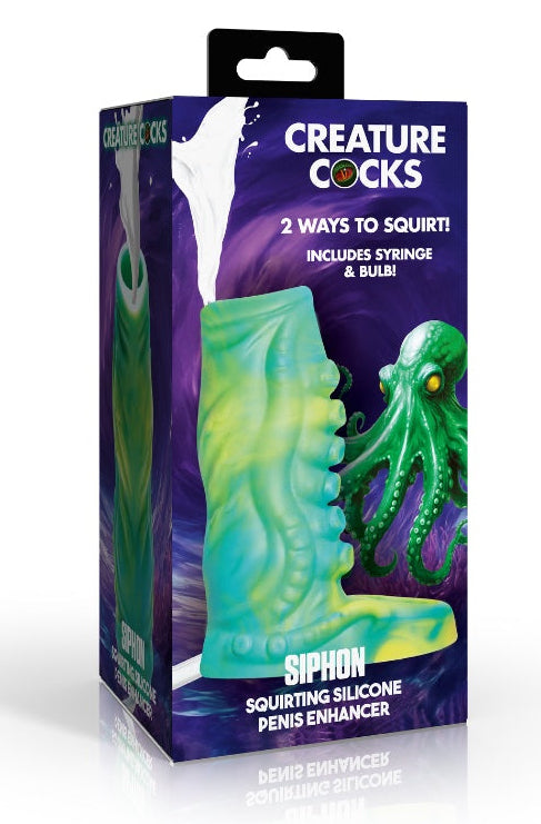 Product packaging showing teal-green textured tentacle sleeve with syringe and bulb accessories on purple cosmic background