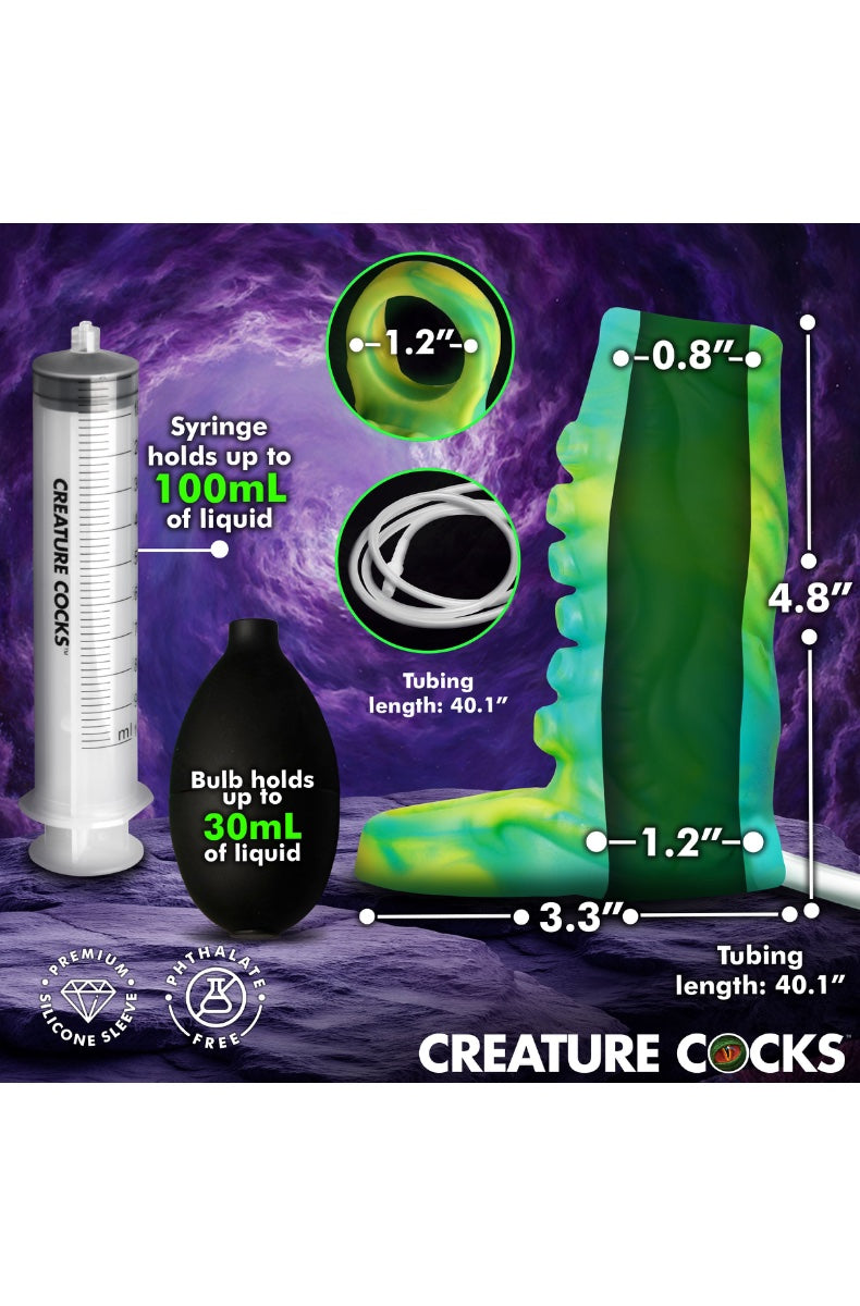 Product dimensions diagram showing 4.8" length sleeve with 1.2" openings and 40.1" tubing length on purple cosmic background