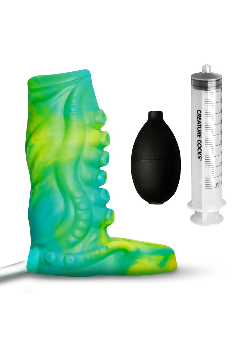 Complete kit showing teal-green sleeve with black bulb and clear syringe accessories against white background