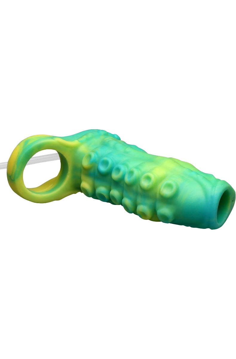 Side angle view of teal-green tentacle textured sleeve showing C-ring attachment and hollow interior opening
