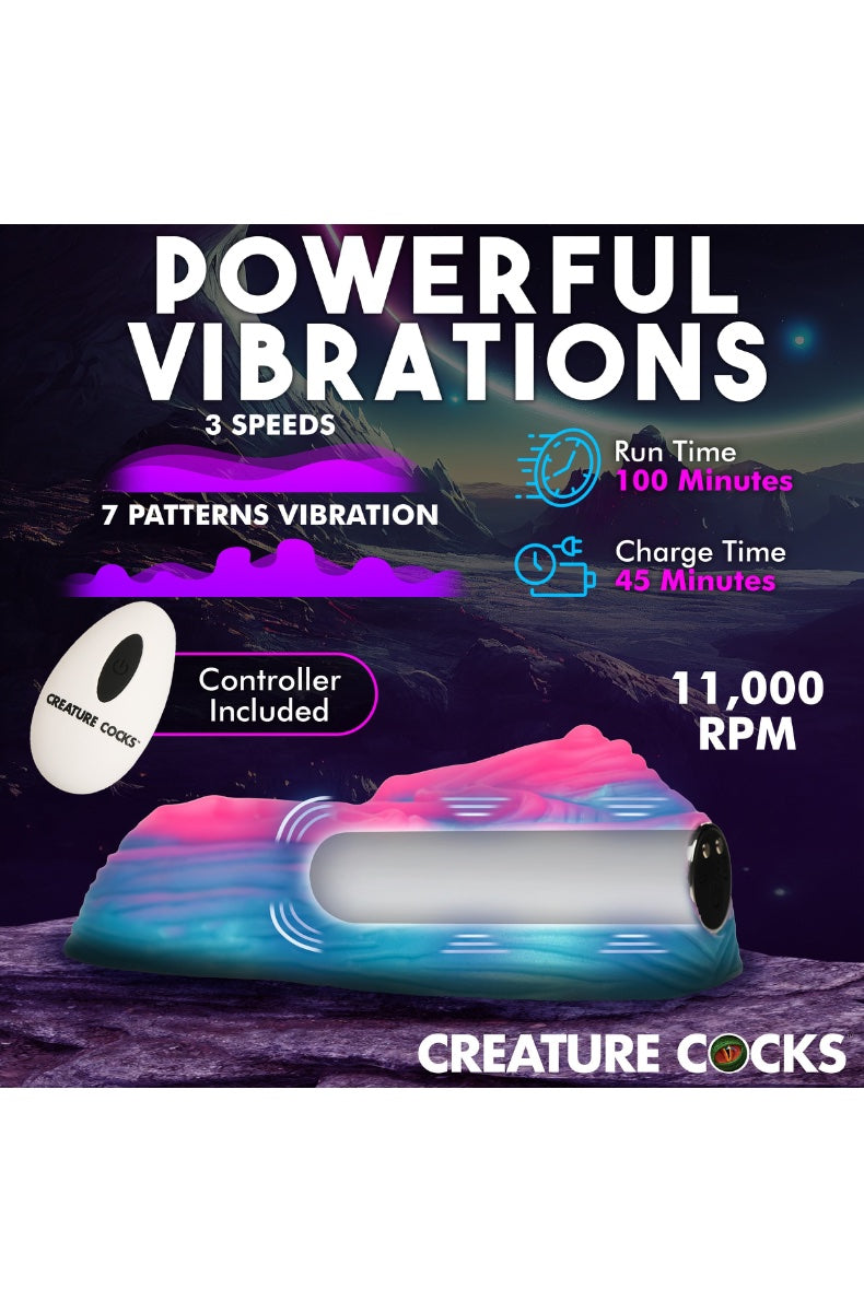 Infographic showing vibrator specs including 3 speeds, 7 patterns, 100 minute run time, 45 minute charge time, 11000 RPM