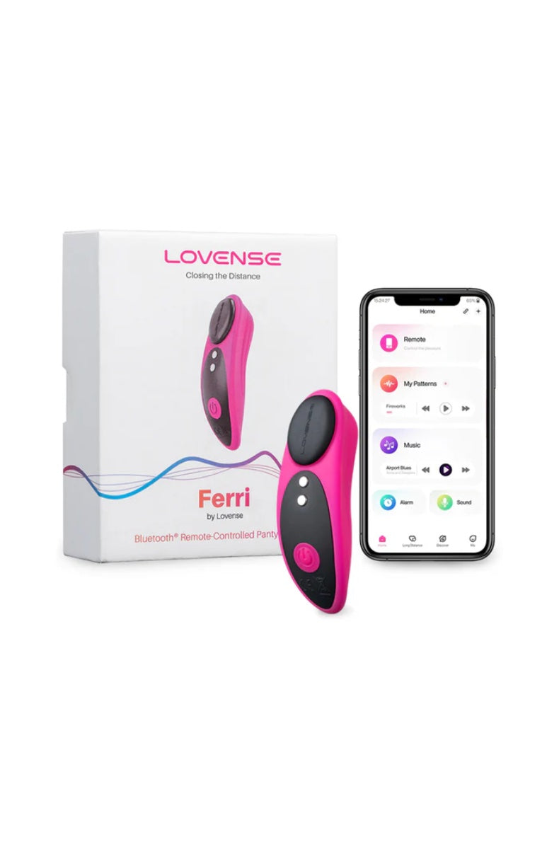 Lovense Ferri packaging with pink panty vibrator, black magnetic cap, and smartphone showing app interface