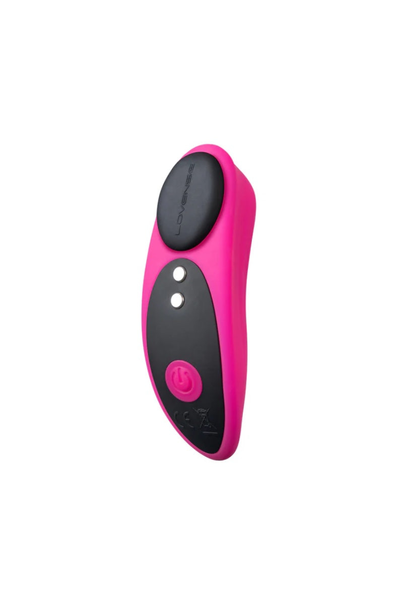 Side view of pink curved vibrator with black magnetic cap showing Lovense branding