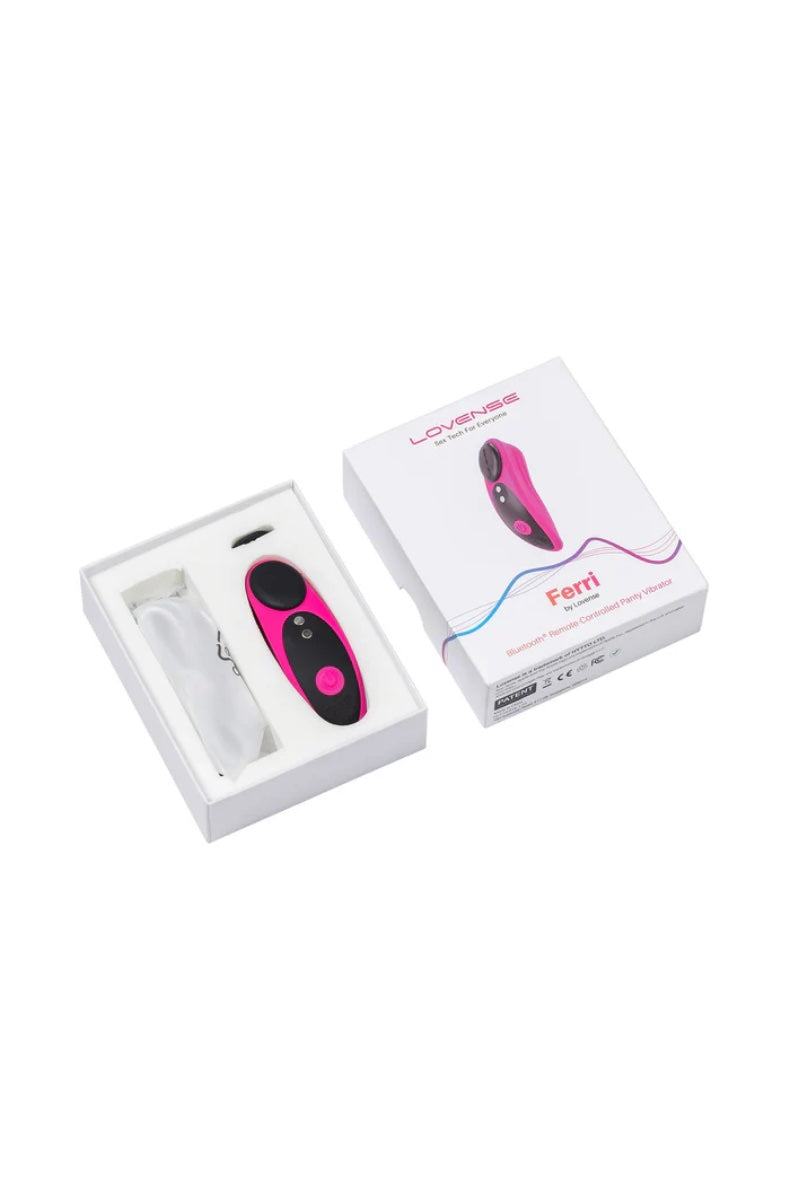 Open white Lovense box showing pink vibrator, charging cable, and storage bag inside foam insert