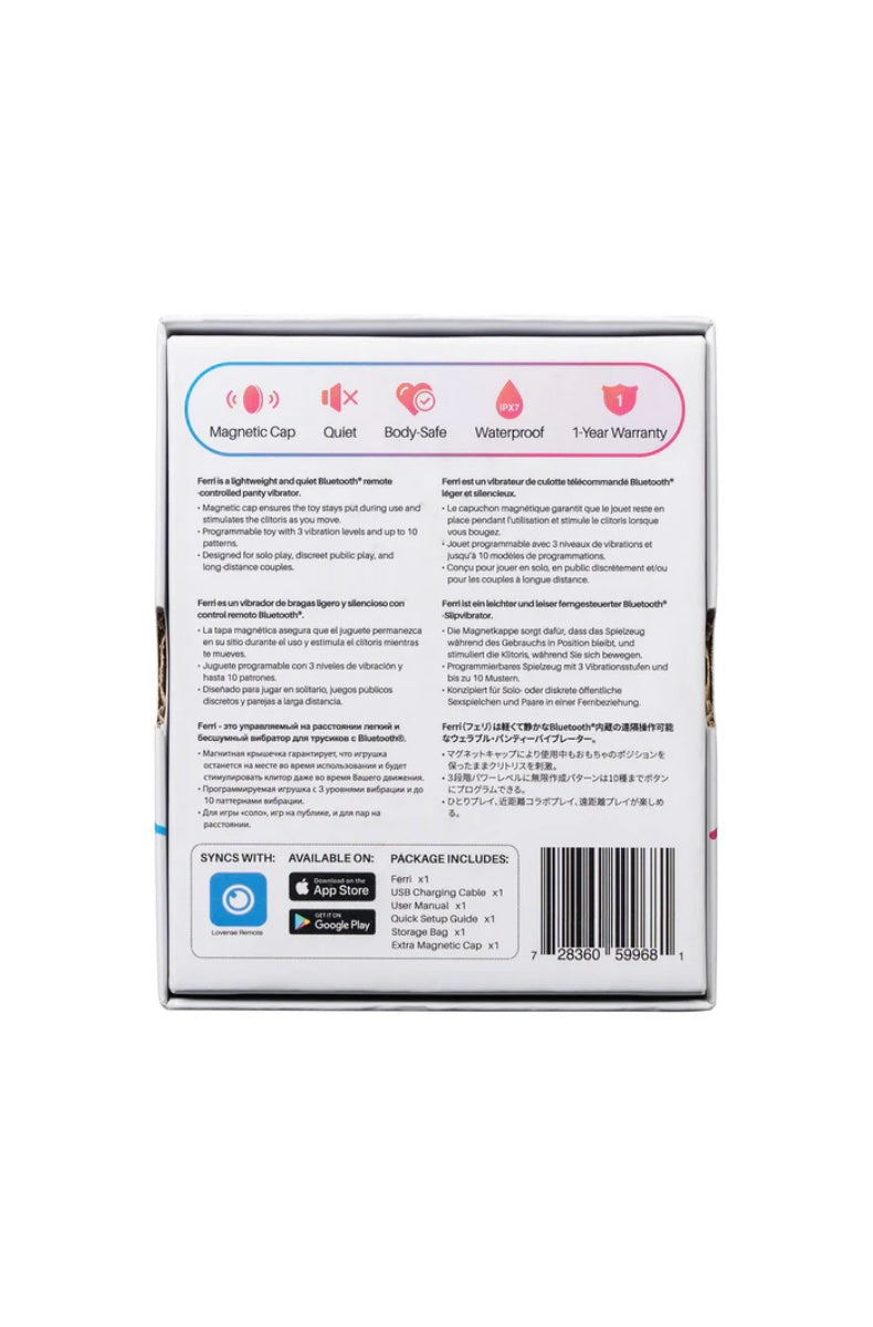 Back of Lovense Ferri box showing product features and specifications in multiple languages
