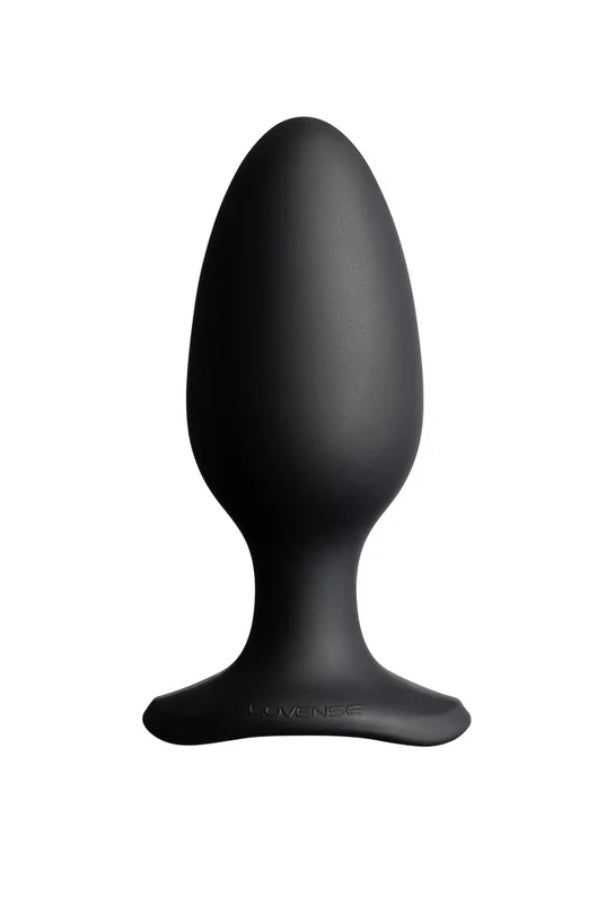 Back view of black silicone butt plug showing smooth tapered body and wide flared base