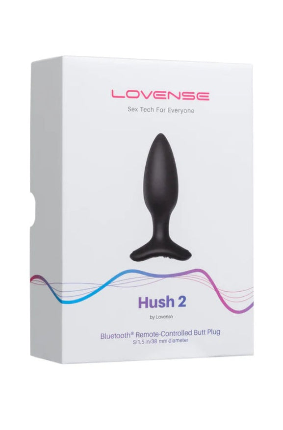 Front view of white Lovense Hush 2 product box showing black butt plug silhouette and Bluetooth branding