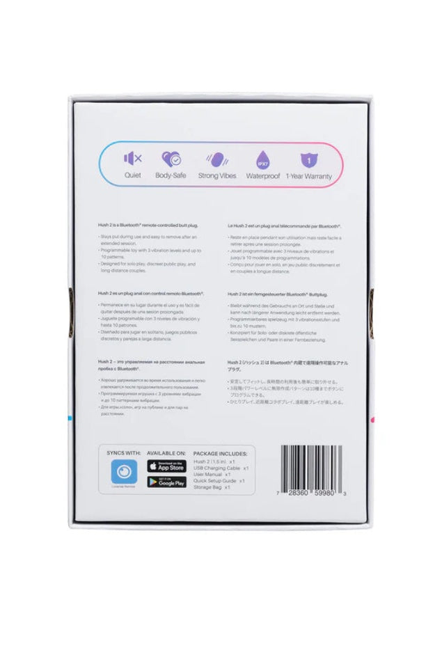 Back of white product box showing feature icons and multilingual product information