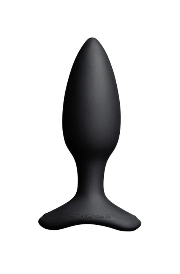 Front view of black silicone butt plug with teardrop body and wide flared base on white background