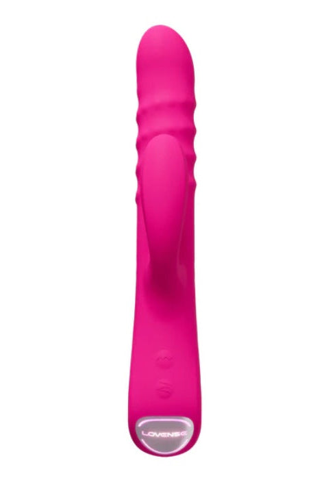 Back view of pink rabbit vibrator showing smooth body and Lovense logo on base