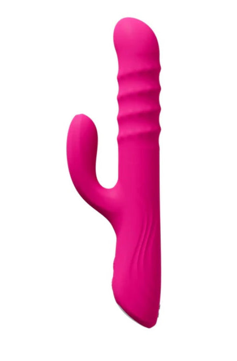 Side view of pink rabbit vibrator showing curved G-spot tip and clitoral stimulator