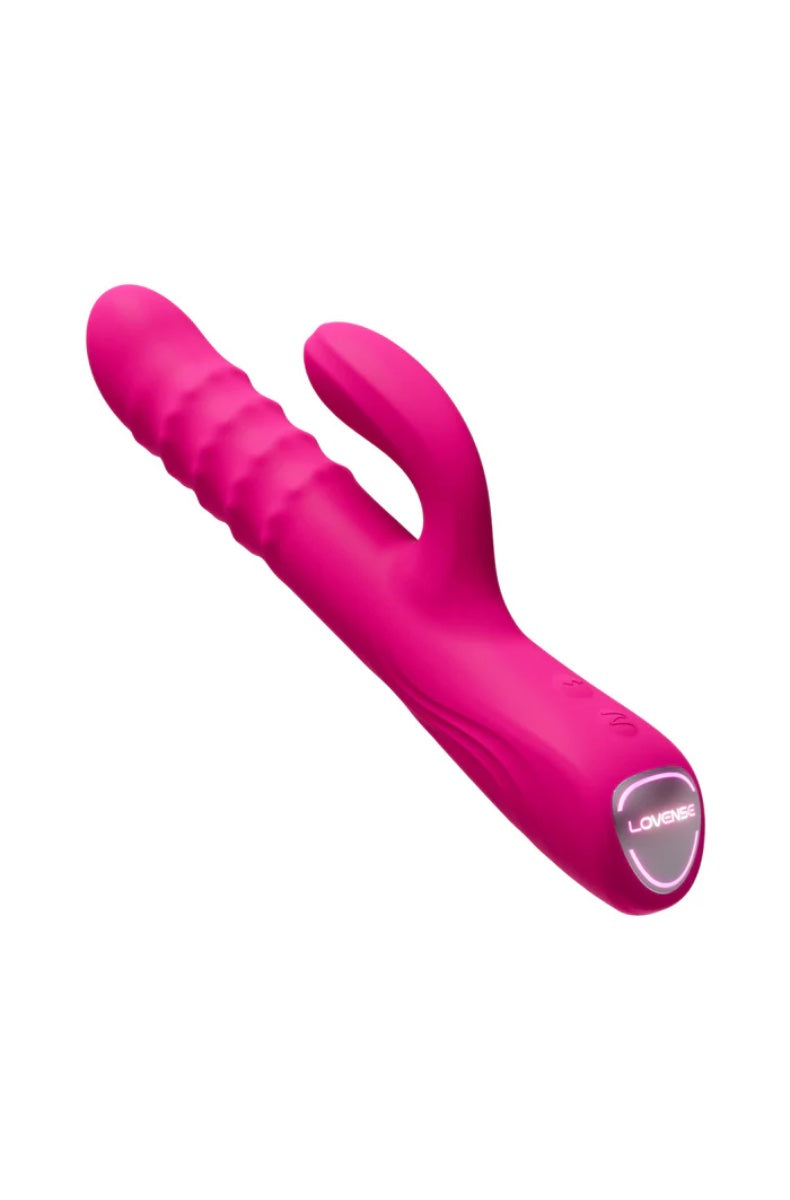 Bottom view of pink rabbit vibrator showing LED base and Lovense branding