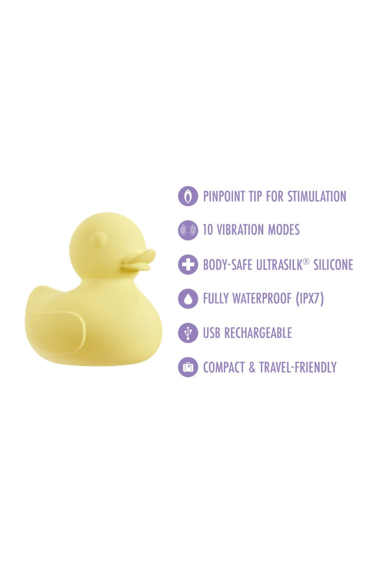 Front view of yellow duck-shaped vibrator with smooth silicone finish and raised bill tip