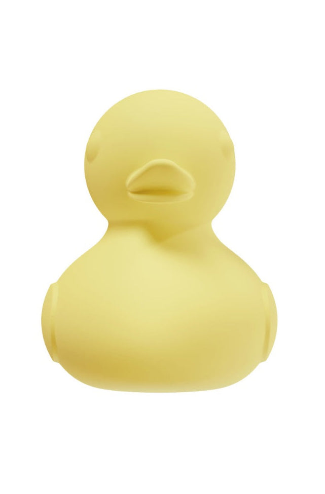 Profile view of yellow duck vibrator showing side contours and bill shape