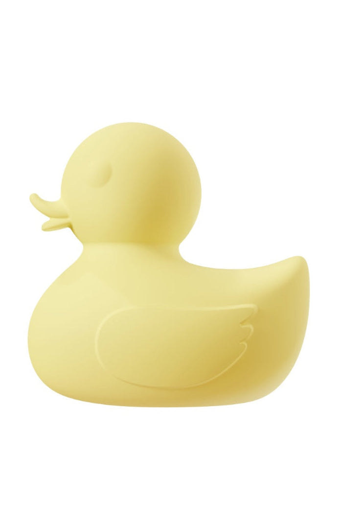 Front-facing view of yellow duck vibrator displaying head and body proportions