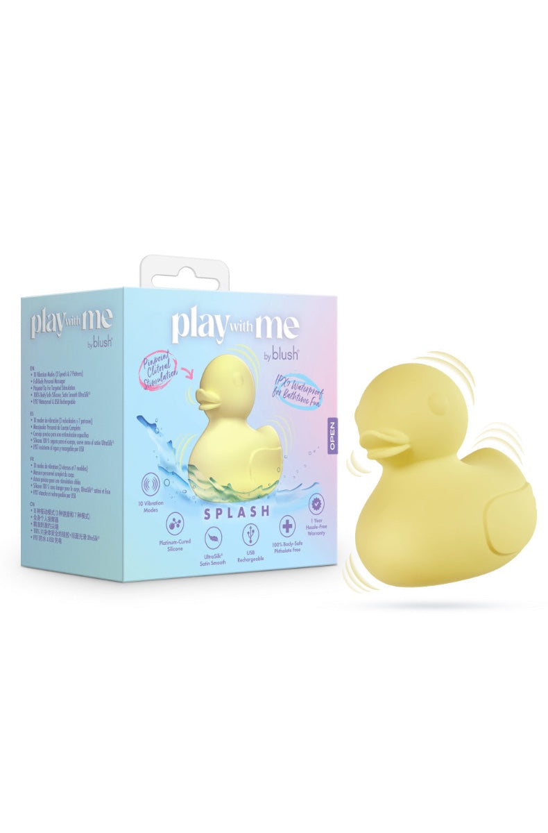 Side view of yellow duck vibrator positioned horizontally showing full silhouette