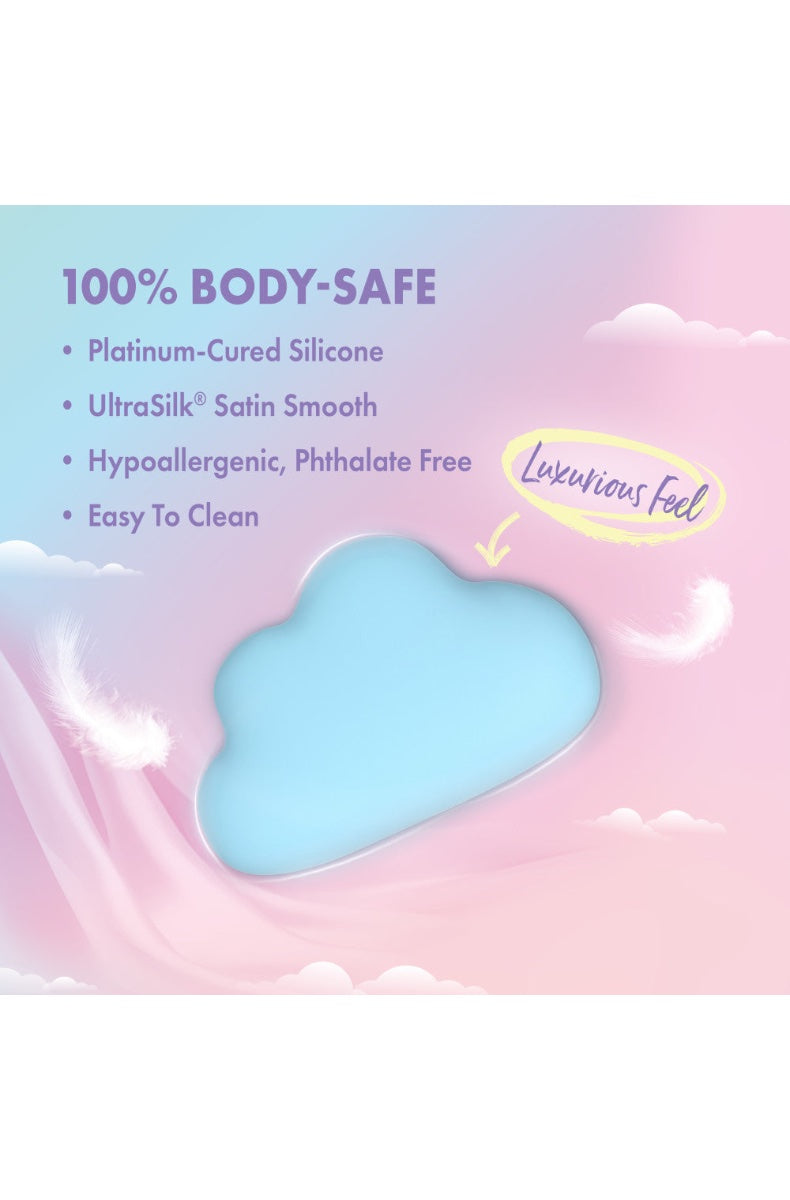 Powder blue cloud vibrator on gradient background with material feature callouts