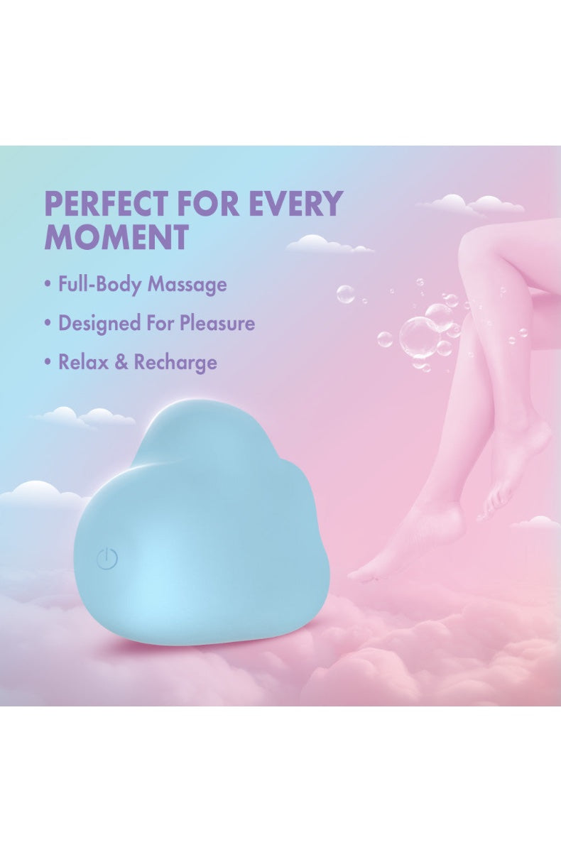 Cloud vibrator on gradient background with full-body massage feature callouts