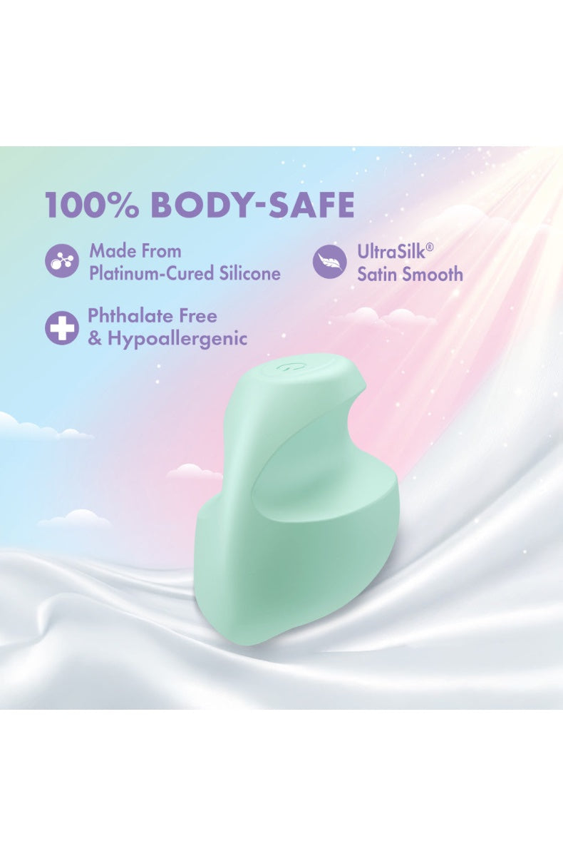 Marketing graphic showing mint green clitoral vibrator with text about platinum-cured silicone and UltraSilk finish