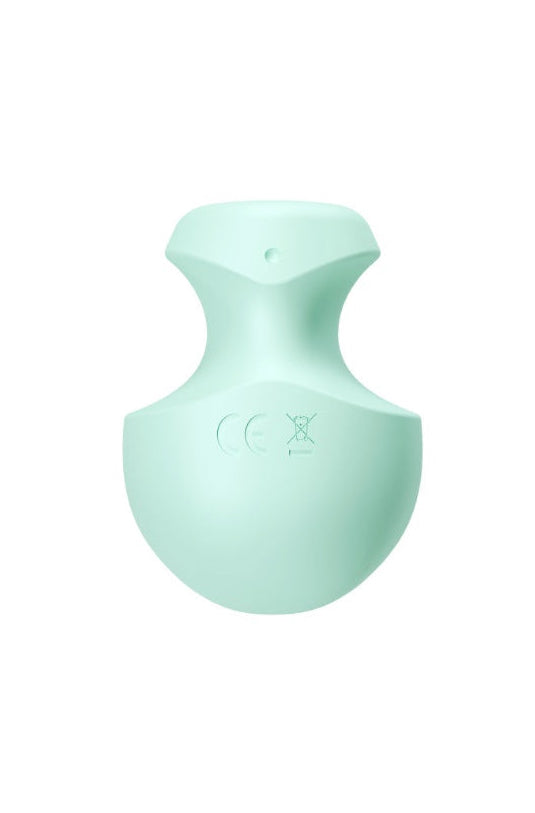 Back view of mint green clitoral vibrator showing finger grooves and control button placement