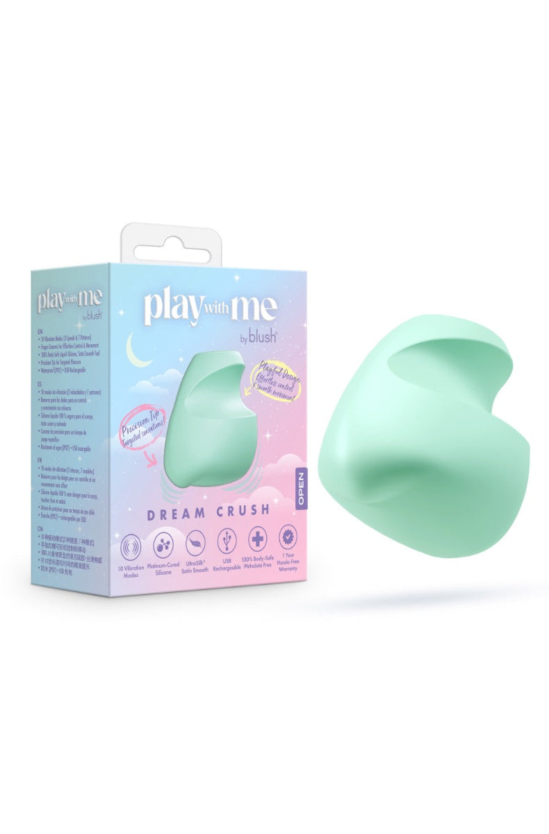 Marketing graphic showing clitoral vibrator being placed in blue zipper bag with gradient background
