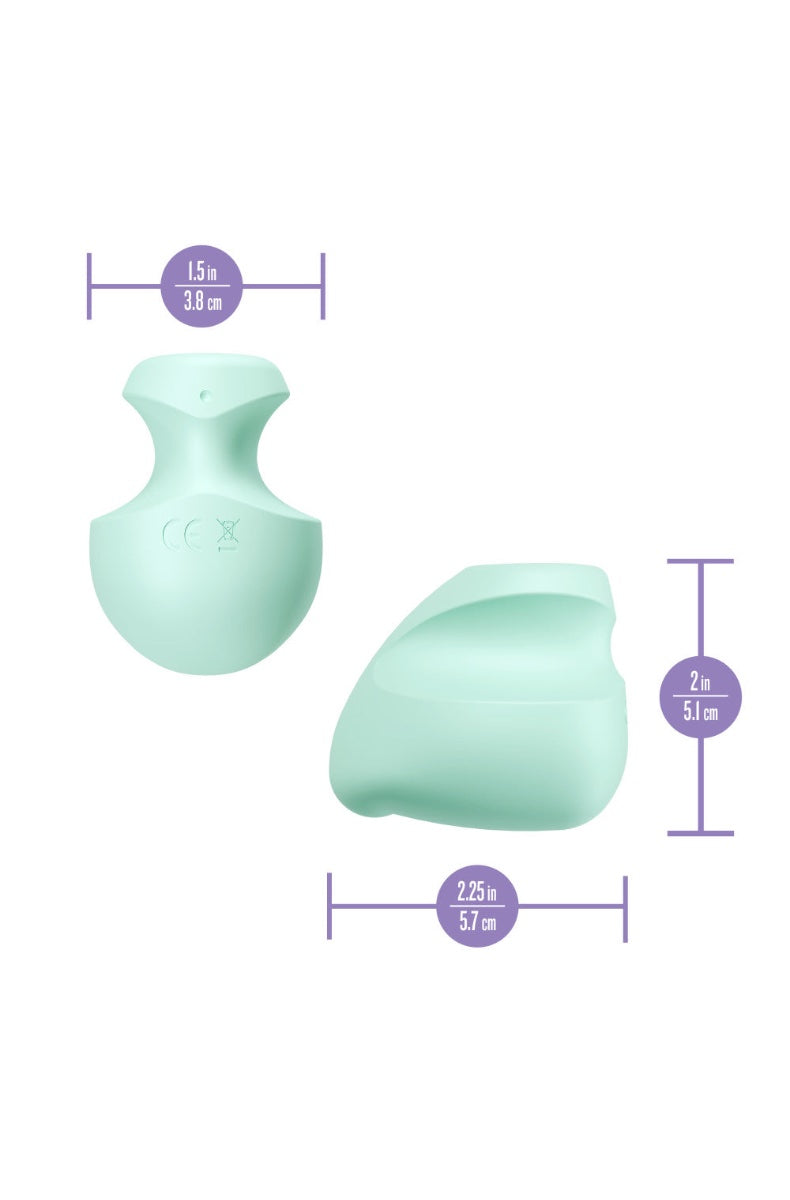 Technical diagram showing mint green clitoral vibrator dimensions: 1.5 inches wide, 2 inches tall, 2.25 inches long