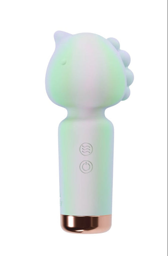 Back view of mint-purple gradient vibrator showing control buttons and rose-gold charging port