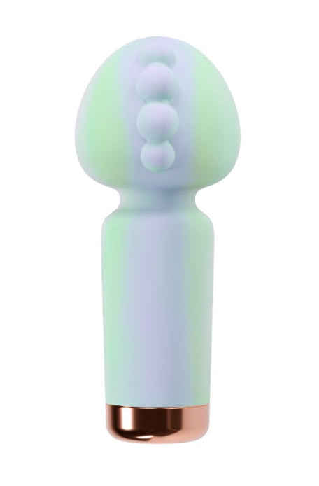 Front angled view of mint-purple vibrator showing textured unicorn head with raised pleasure nubs