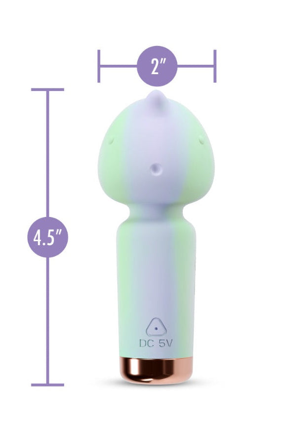 Full view of mint-purple vibrator with dimensional measurements showing 4.5 inch length and 2 inch width