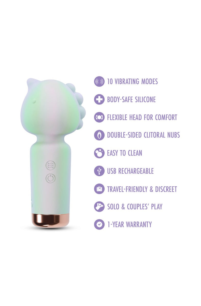 Side view of vibrator highlighting 10 vibration modes and travel-friendly features with 1-year warranty