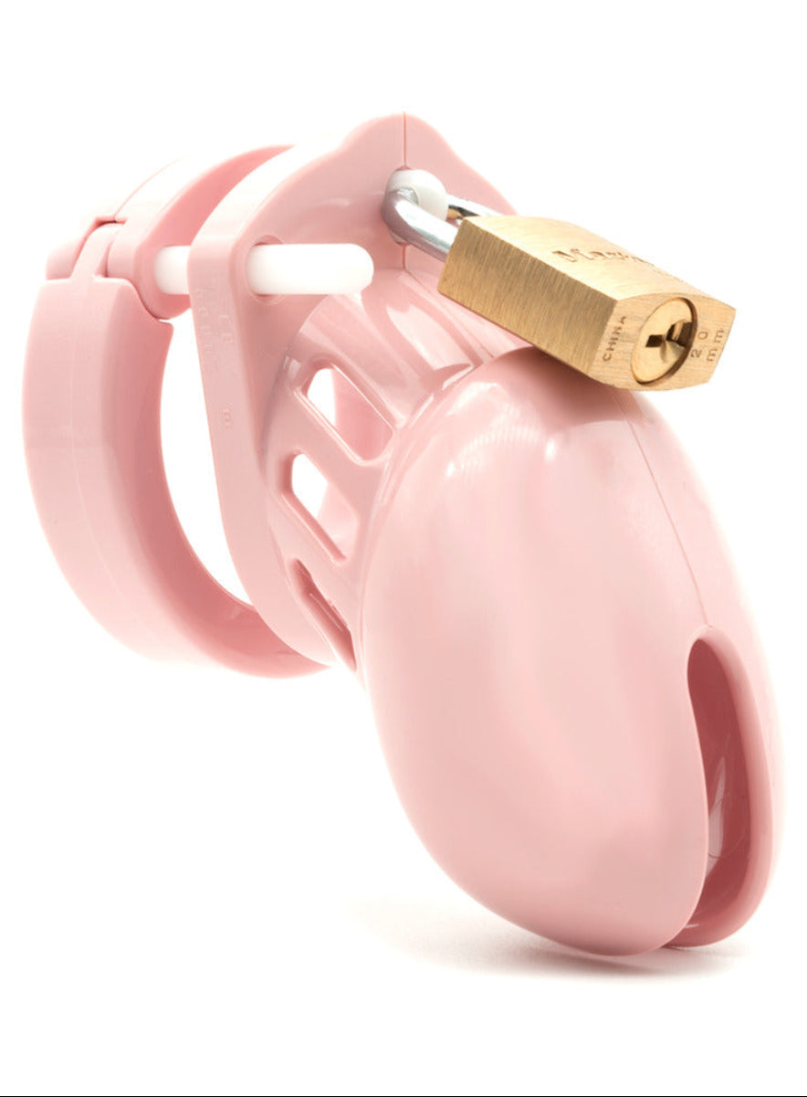 Pink chastity cage with padlock and the U-ring, angled view showing embossed ring size markings, on white.