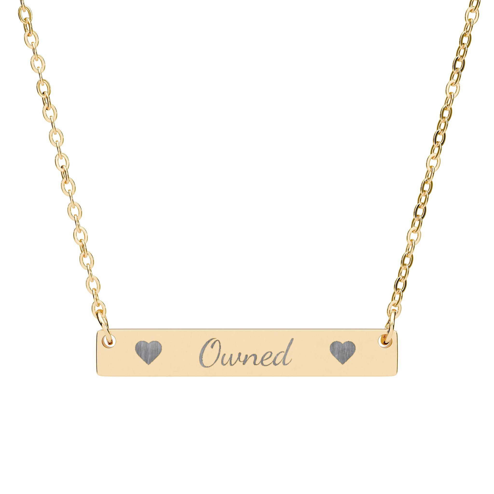 Rose gold necklace with engraved message on a white background