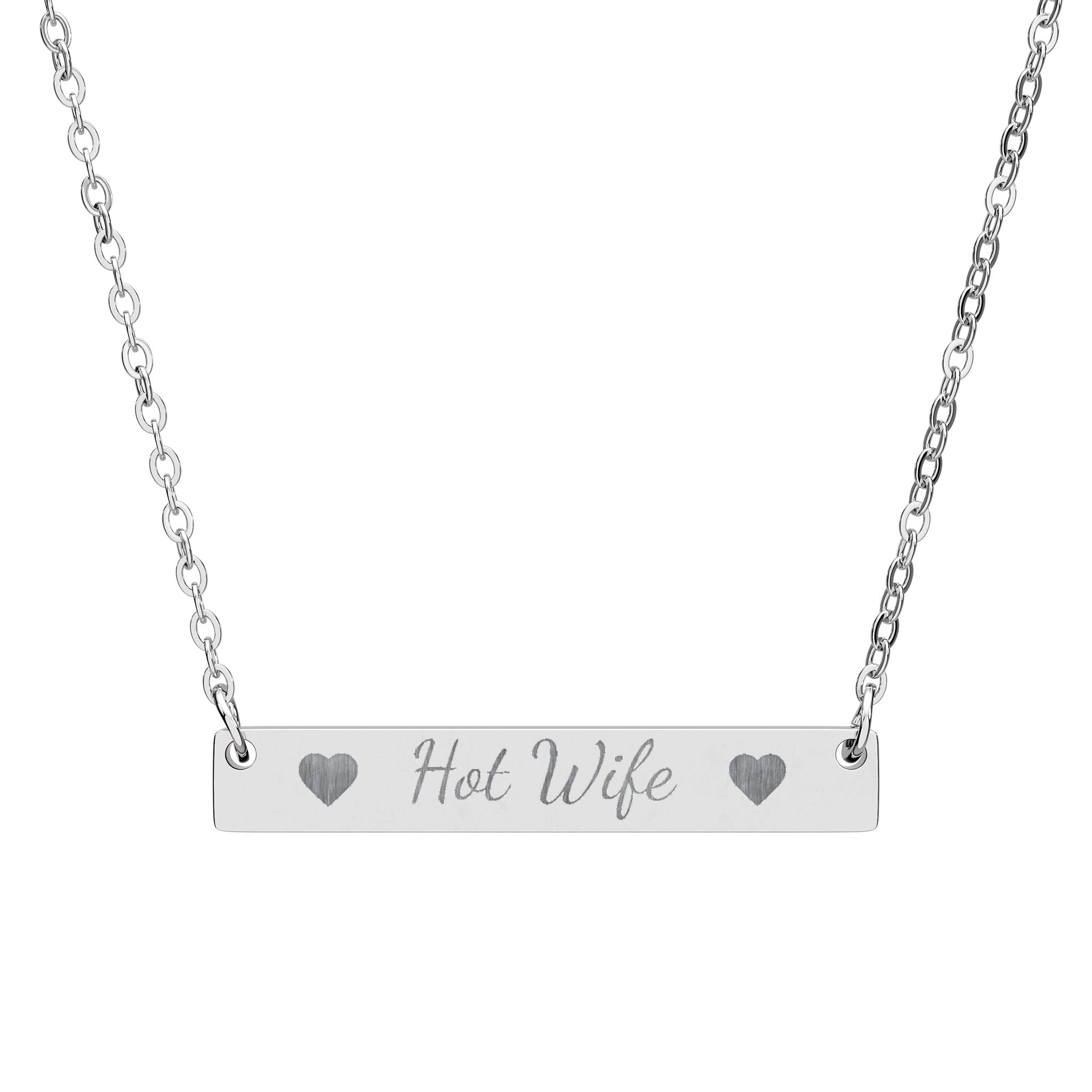 Silver bar necklace with 'Enter your text here' engraving on a white background