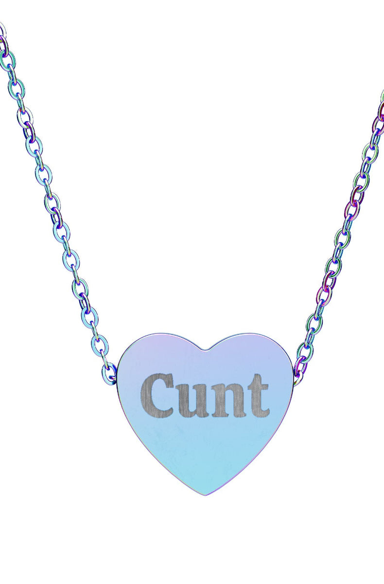 Necklace with a heart-shaped pendant displaying the word 'Cunt' on a white background