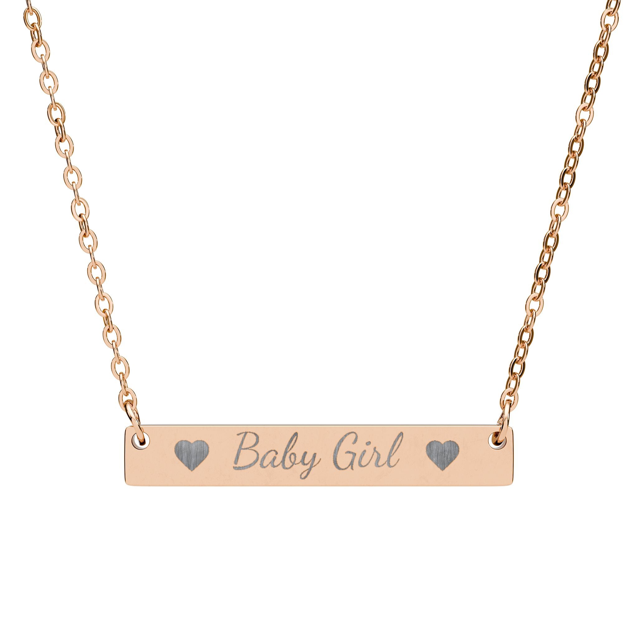 Rose gold necklace with 'baby girl' pendant on a white background