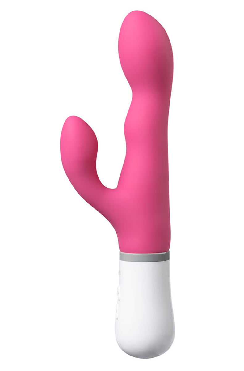 Lovense Nora rabbit close-up showing the rotating shaft head and the flexible vibrating clit arm.