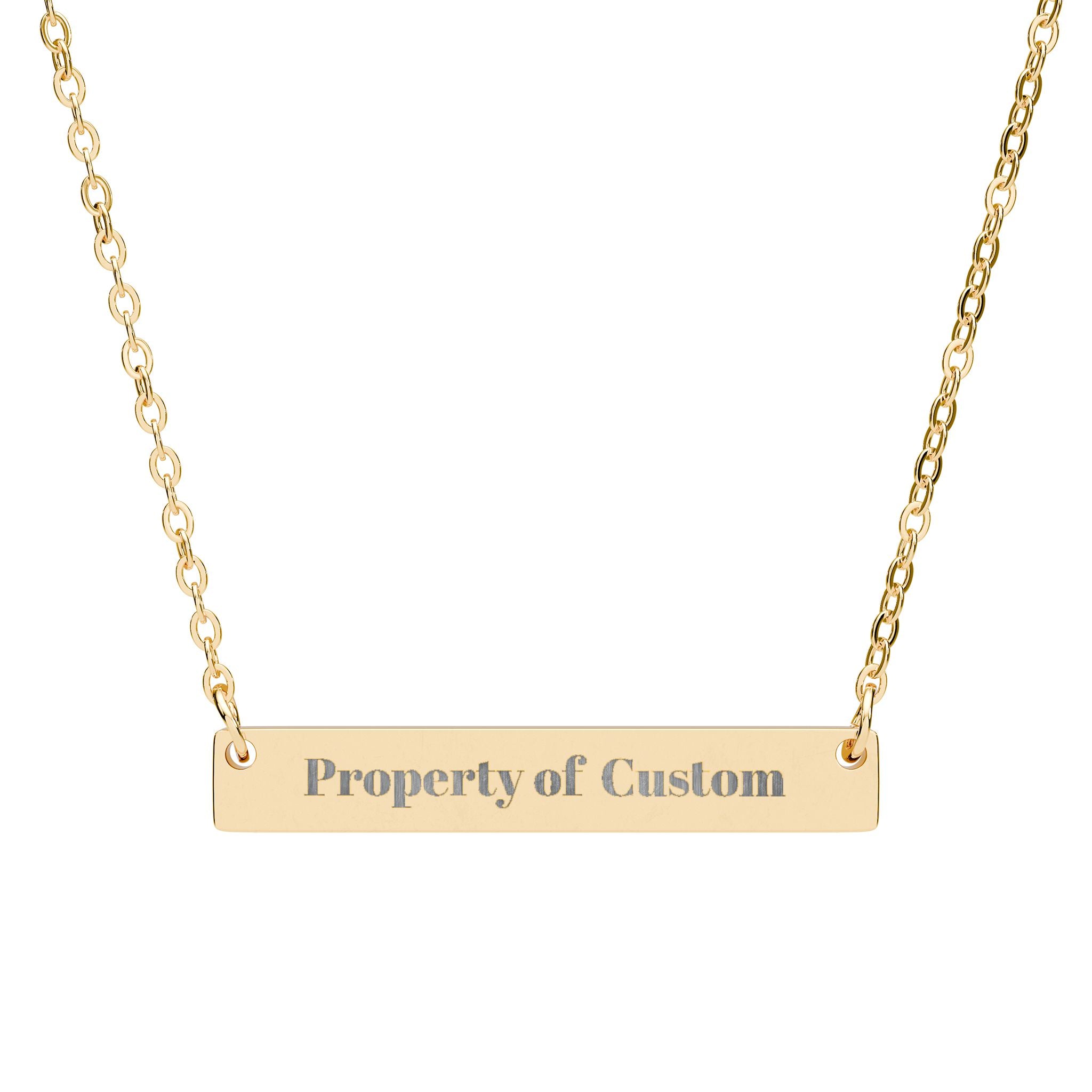 Gold necklace with 'Property of Custom' pendant on a white background